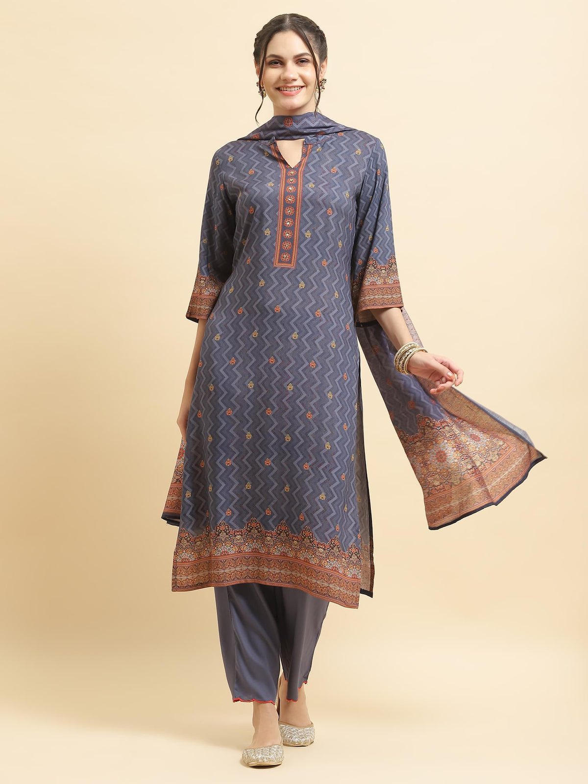 Liva Rayon Blue Ornamental Print Kurta Comfort Pant Dupatta