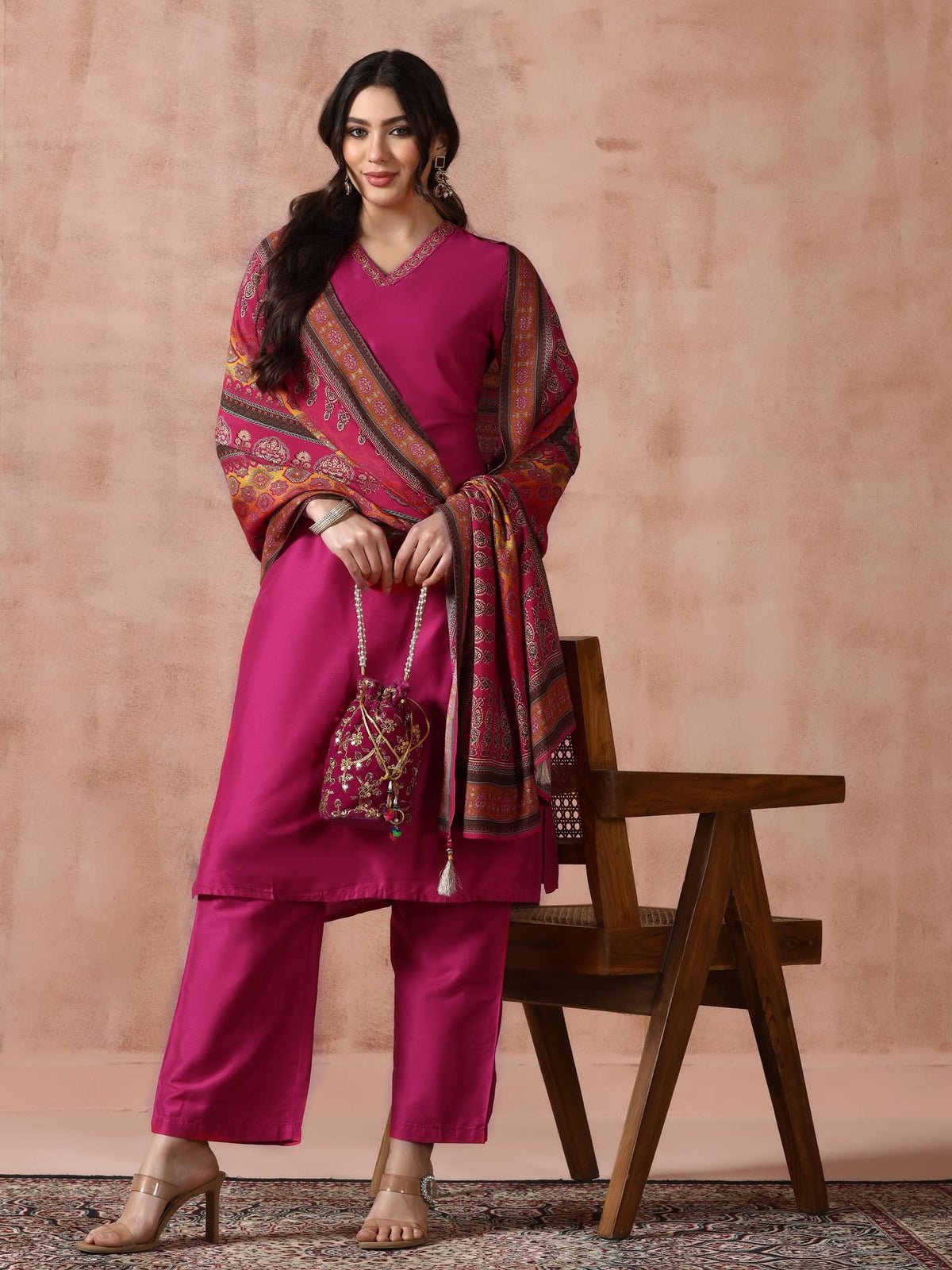 Fuchsia Silk Blend Embroidered Kurta Comfort Pant Dupatta