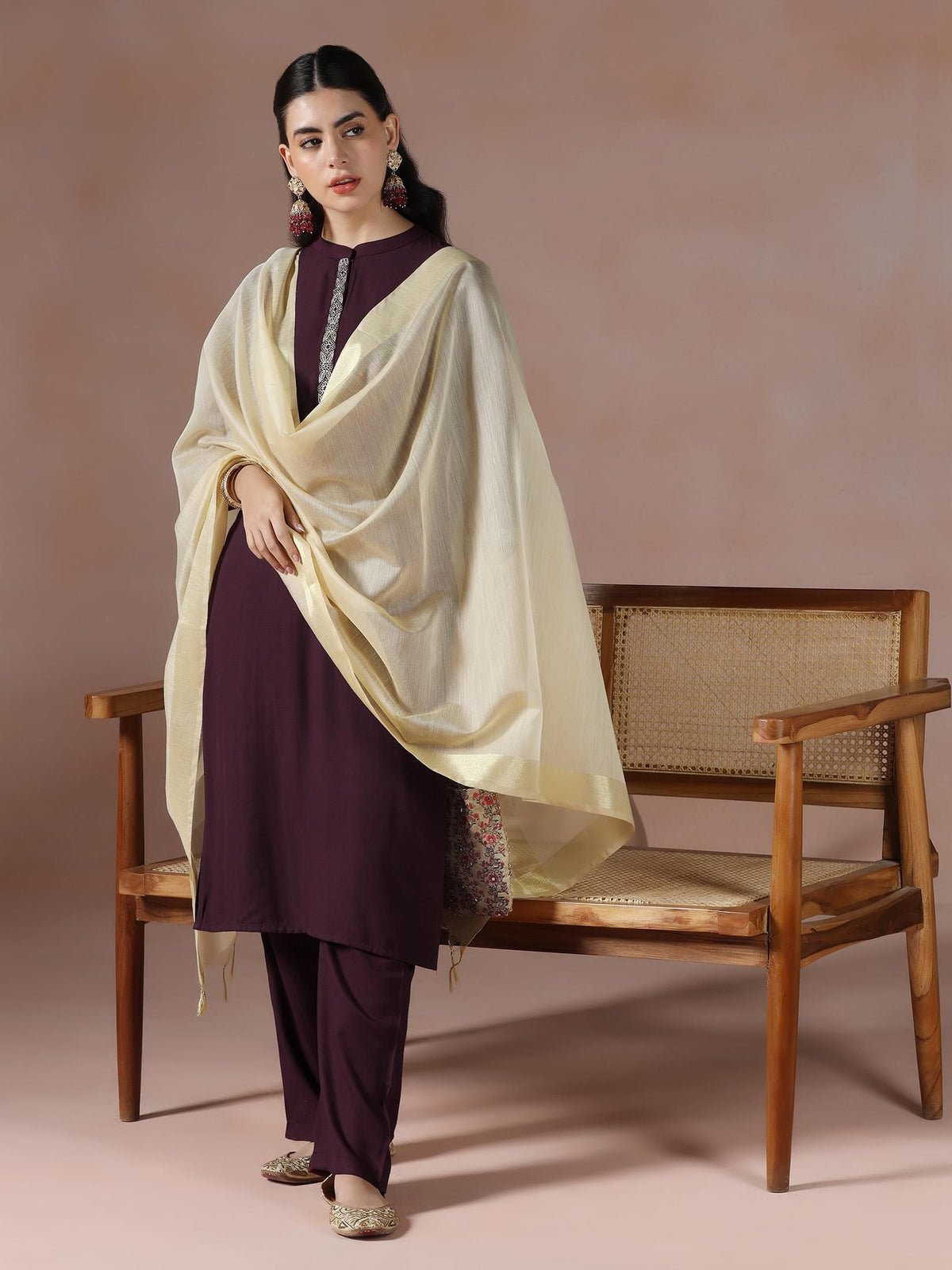 Poly Viscose Burgundy Embroidered Kurta Comfort Pant Dupatta