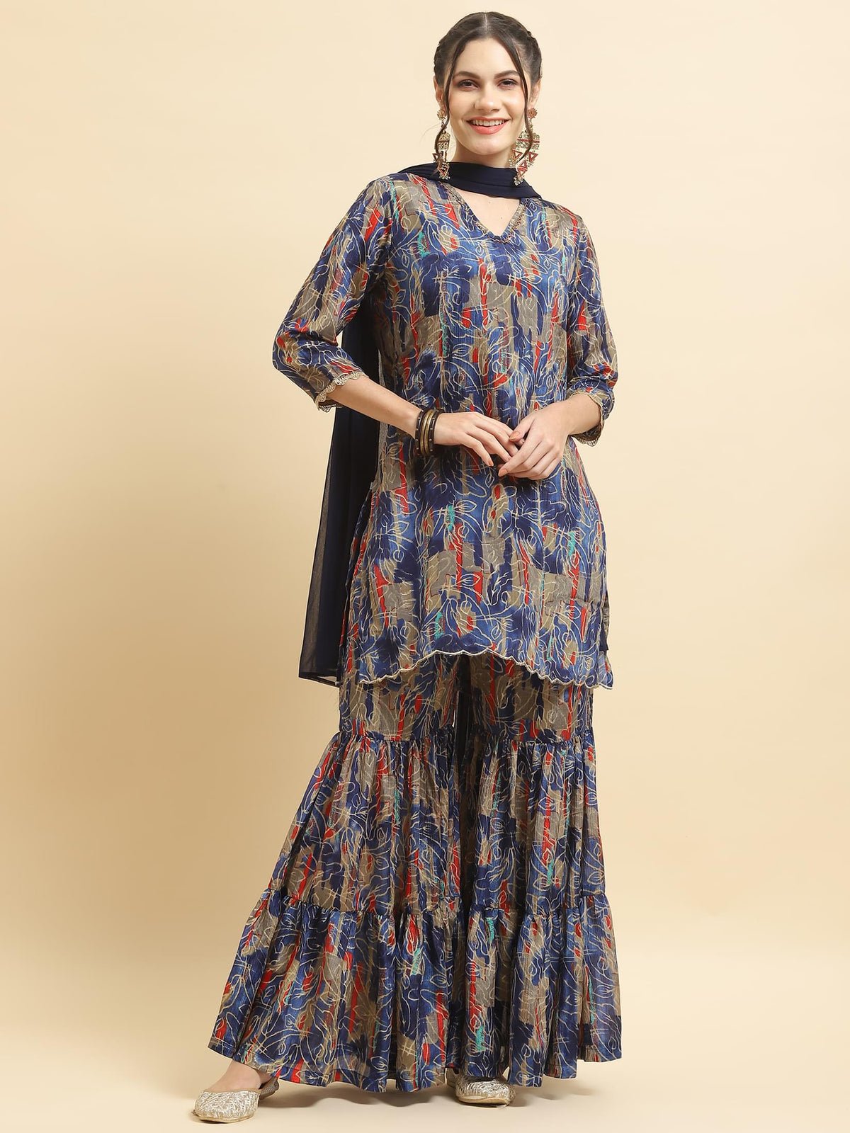 Chinon Blue Floral Kurta Sharara Dupatta