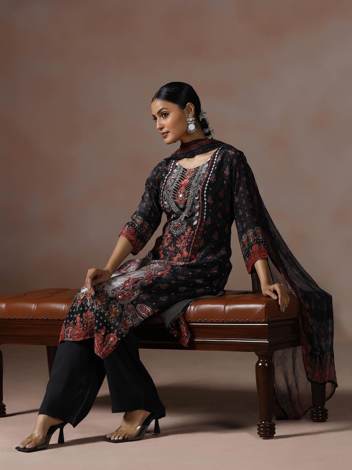 Natural Crepe Black Printed Kurta Comfort Pant Dupatta