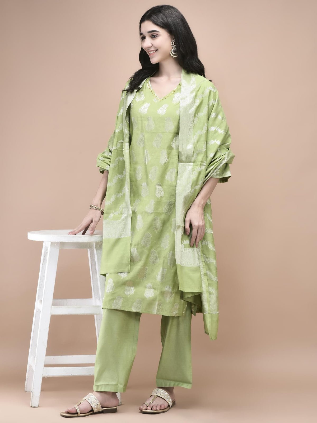 Cotton Jacquard Green Woven Kurta Comfort Pant Dupatta