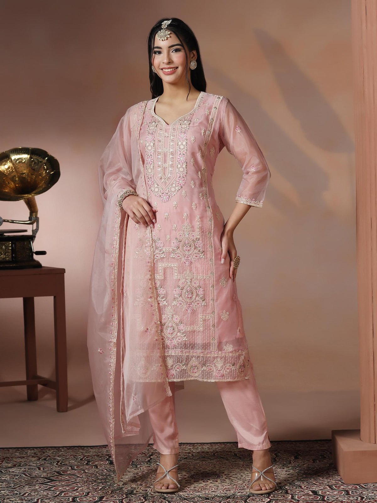 Organza Pink Embroidered Kurta Comfort Pant Dupatta (Style SWF-6898)