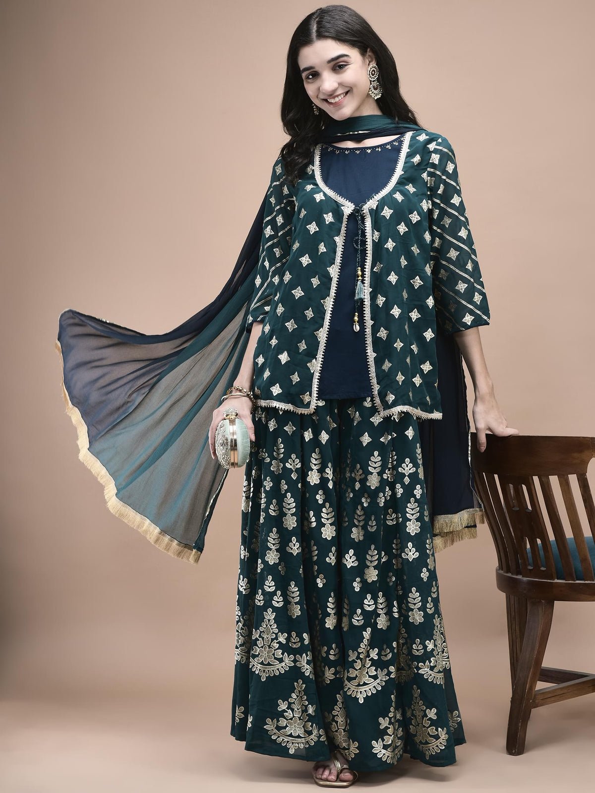 Georgette Teal Foil Print Kurta Split Pant Dupatta