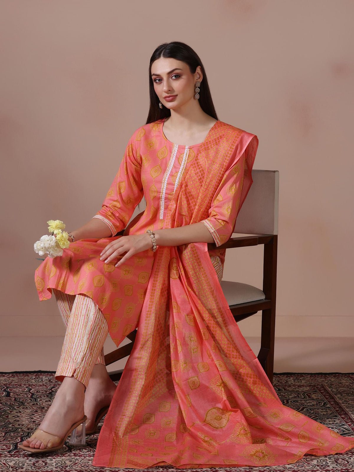 Cotton Pink Printed Kurta Trouser Dupatta