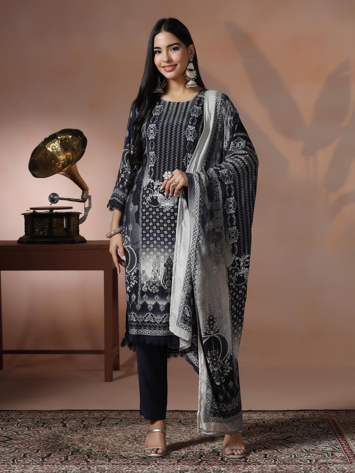 Muslin Blue Printed Kurta Comfort Pant Dupatta