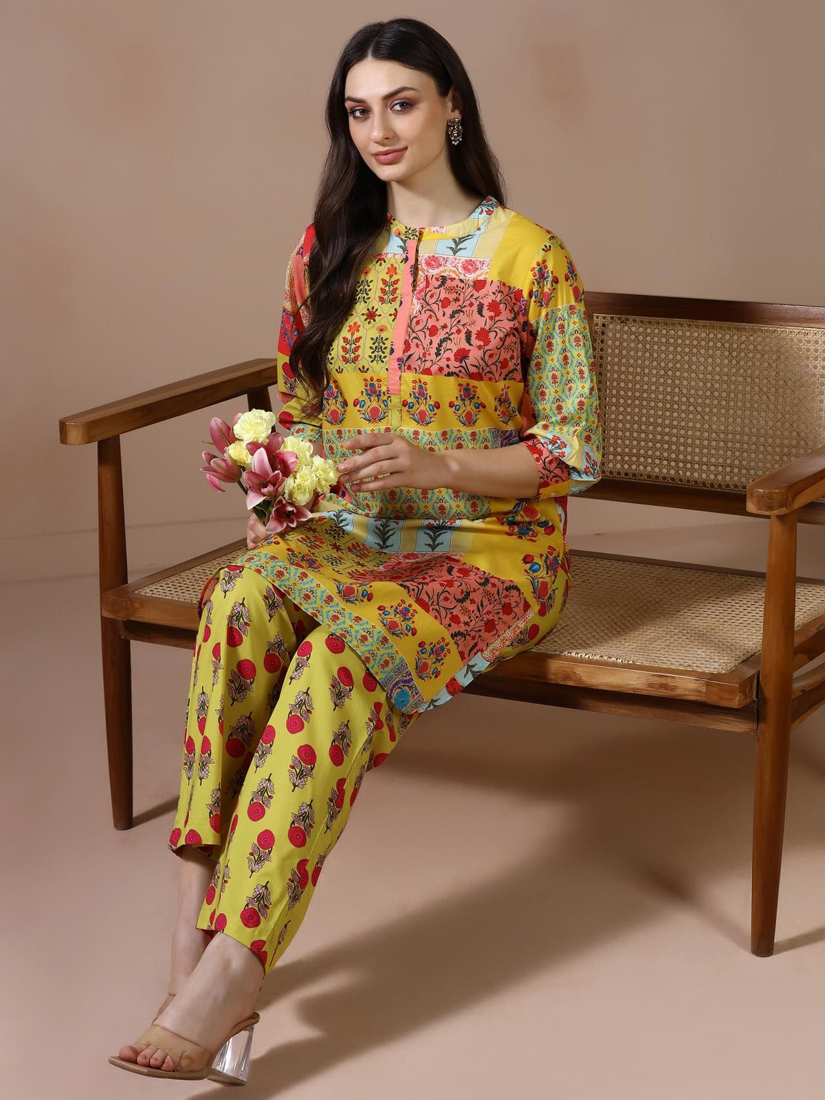 Cotton Mustard Printed Kurta With Comfort Pant