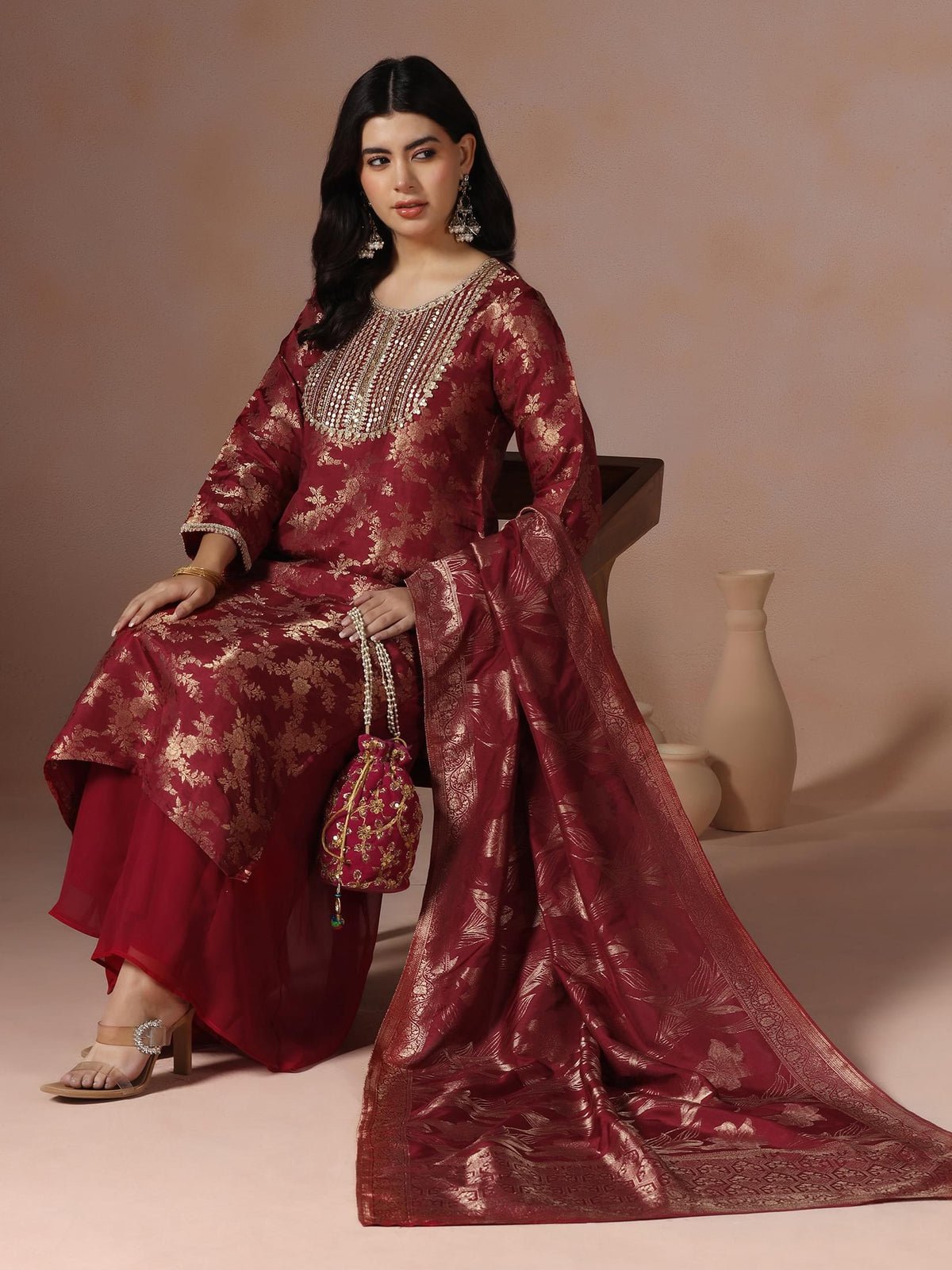 Silk Jacquard Maroon Woven Kurta Split Pant Dupatta