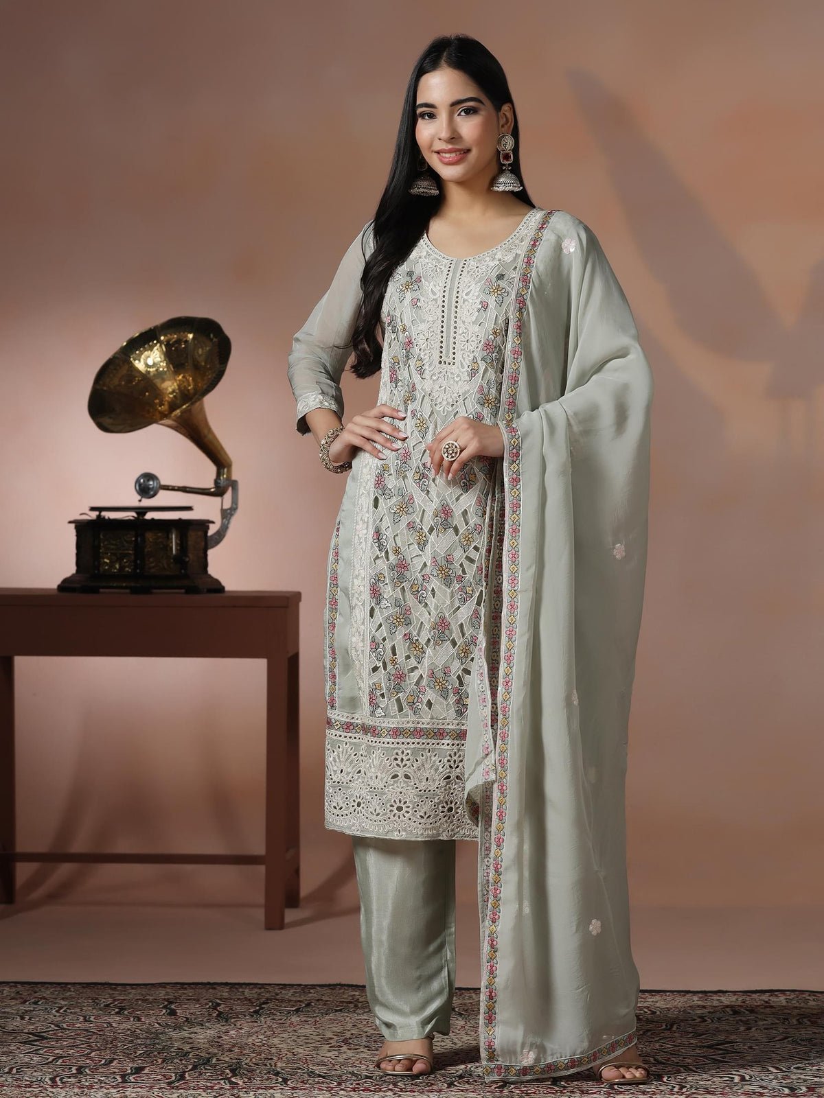 Viscose Organza Green Embroidered Kurta Comfort Pant Dupatta (Style SWF-104)
