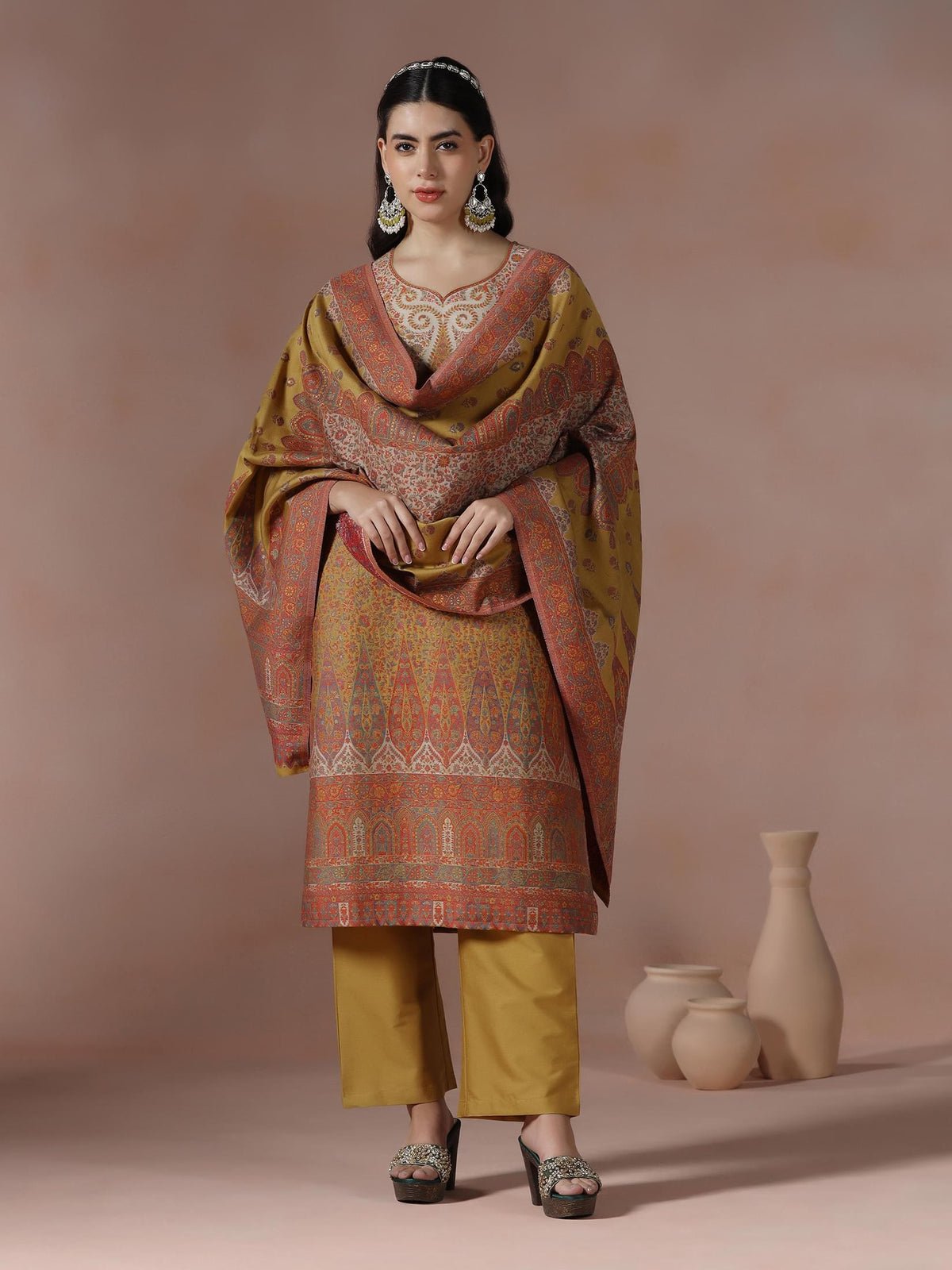 Acrylic Jacquard Mustard Woven Kurta Comfort Pant Dupatta