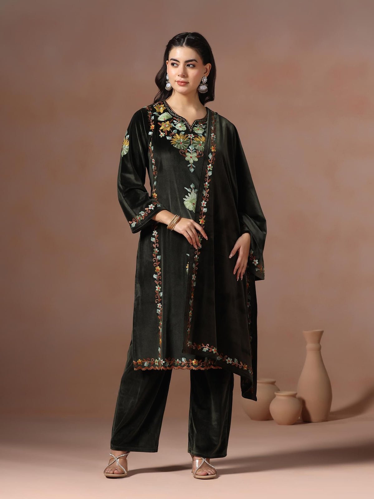 Velvet Embroidered Blue Kurta Comfort Pant Dupatta