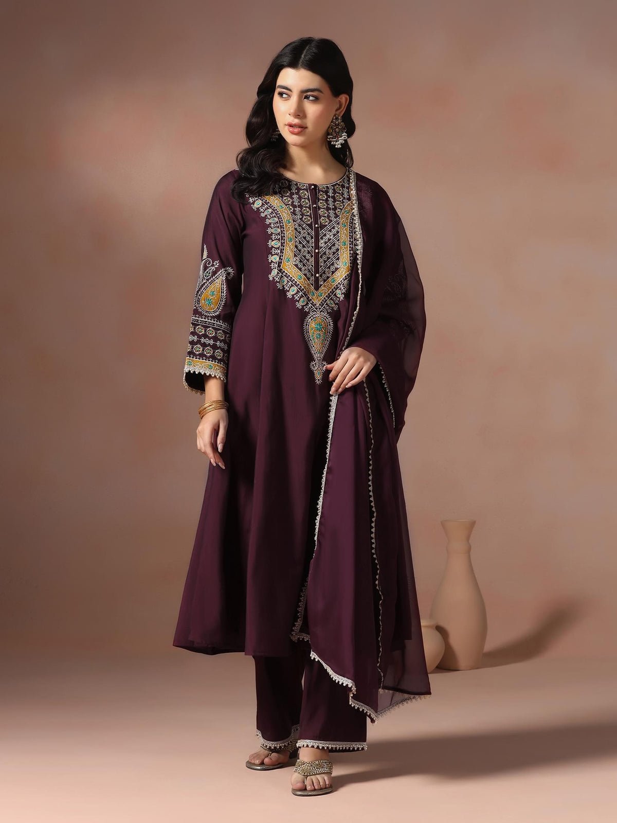 Chanderi Burgundy Embroidered Kurta Comfort Pant Dupatta