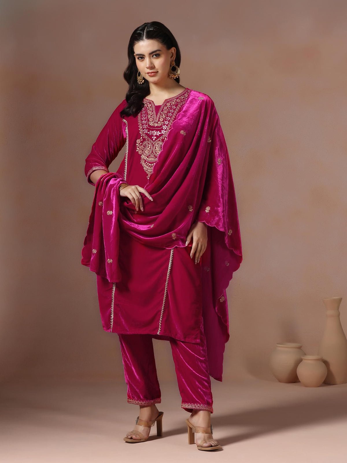 Velvet Fuchsia Embroidered Kurta Comfort Pant Dupatta