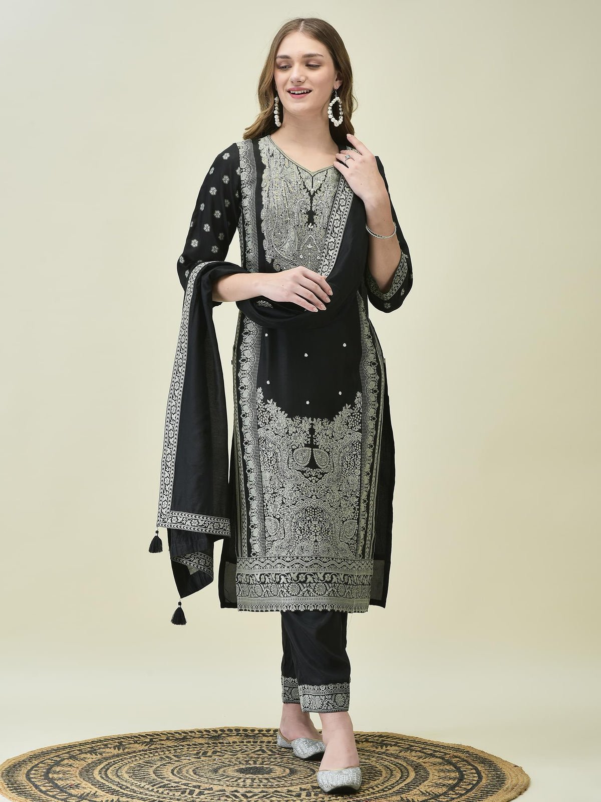Dola Jacquard Black Woven Kurta Comfort Pant Dupatta