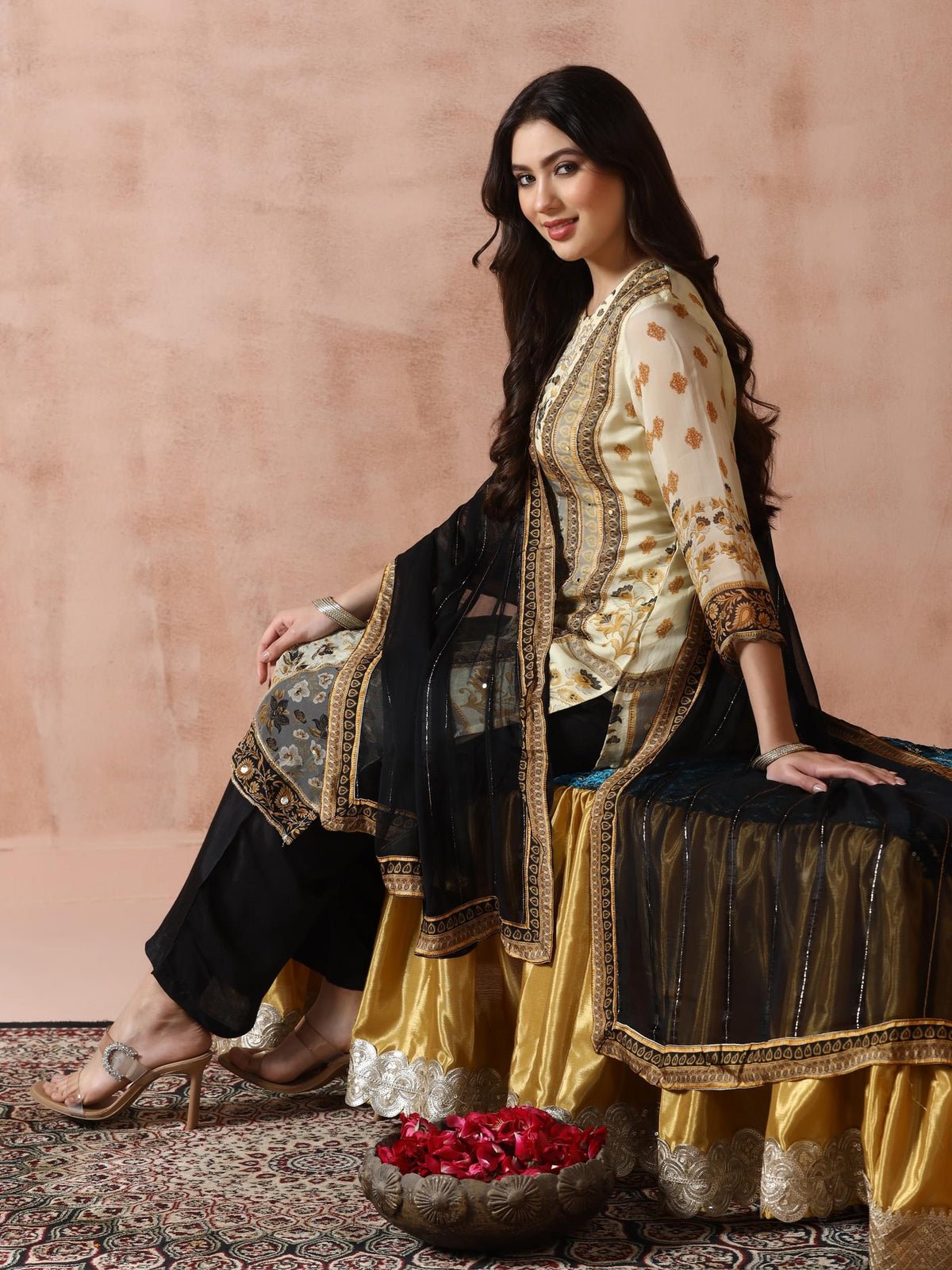 Georgette Beige Printed Kurta With Comfort Pant Dupatta