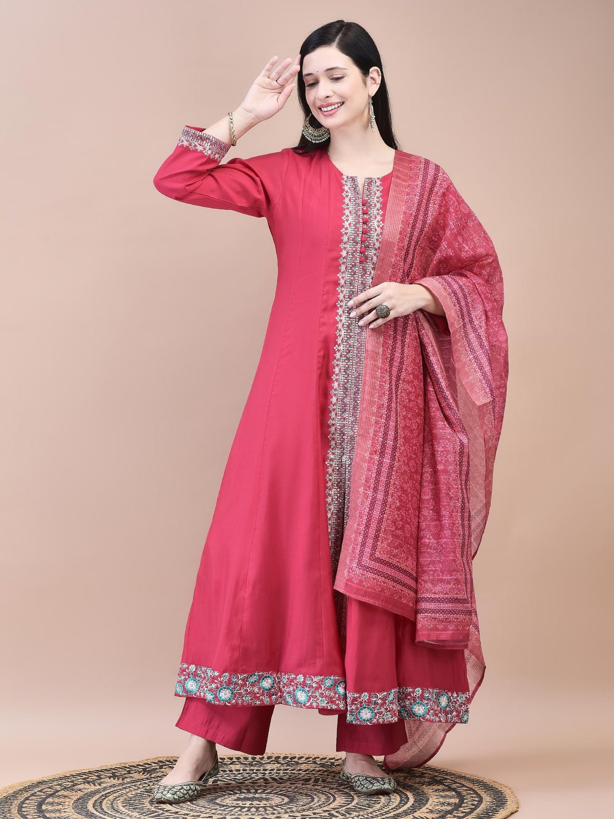 Poly Viscose Pink Embroidered Kurta Comfort Pant Chanderi Dupatta