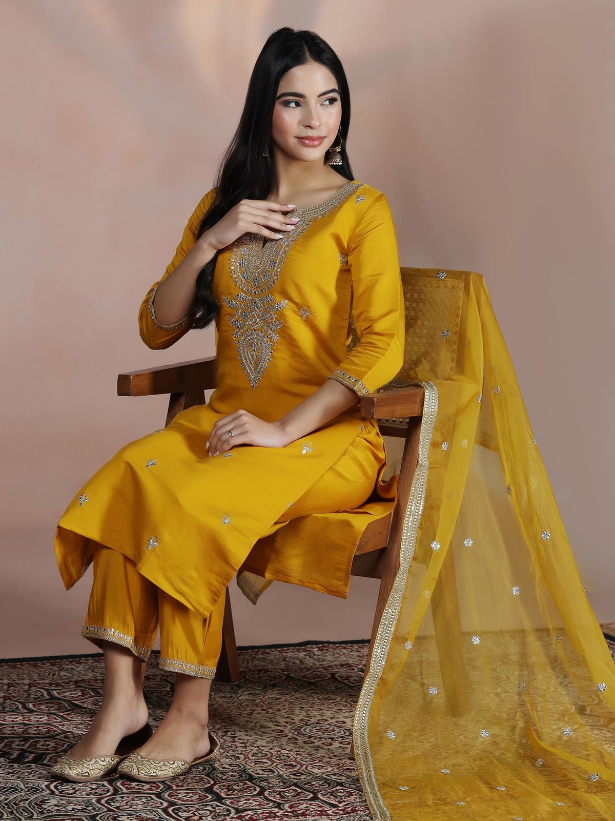 Chanderi Mustard Embroidered Kurta Comfort Pant Dupatta