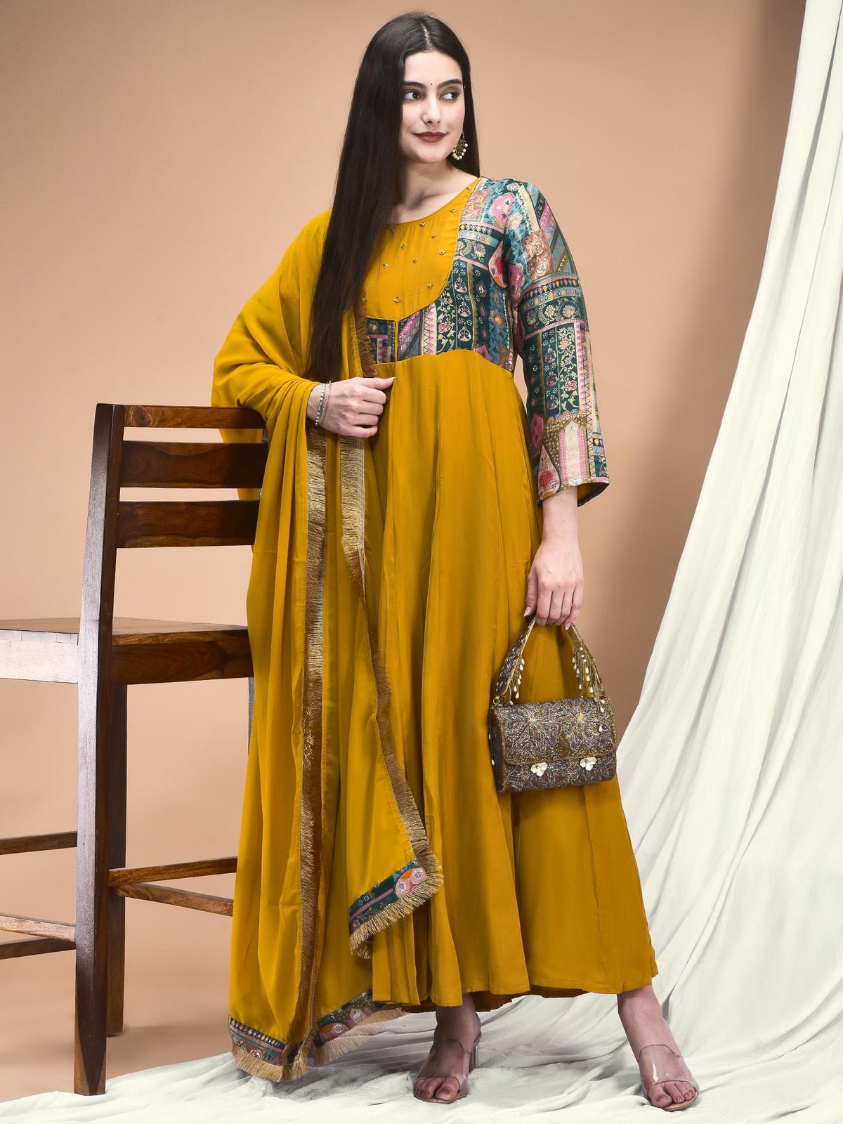 Jacquard Mustard Woven Dress With Dupatta