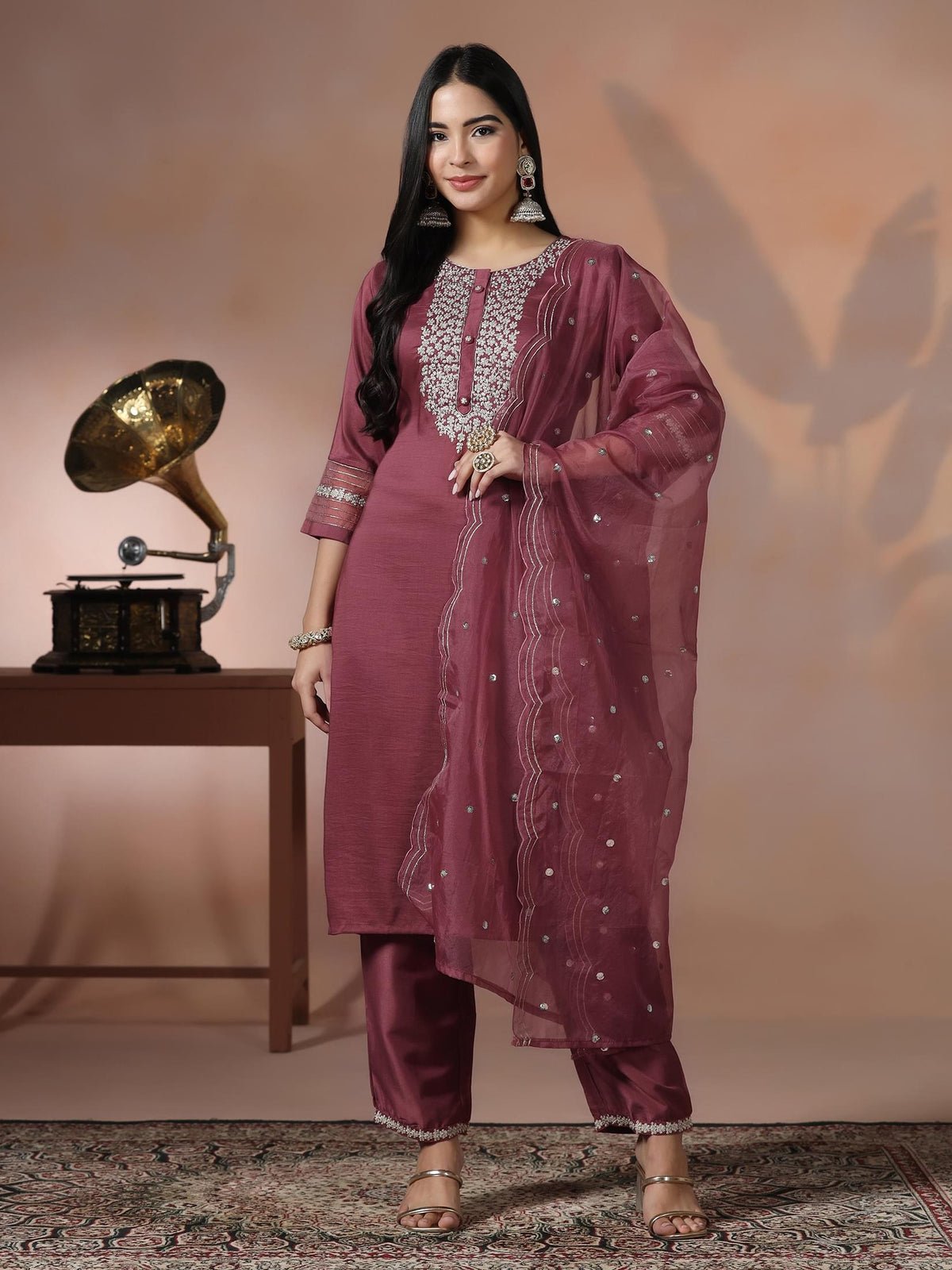 Silk Blend Pink Embroidered Kurta Comfort Pant Dupatta (Style SIDH-26170 KB)