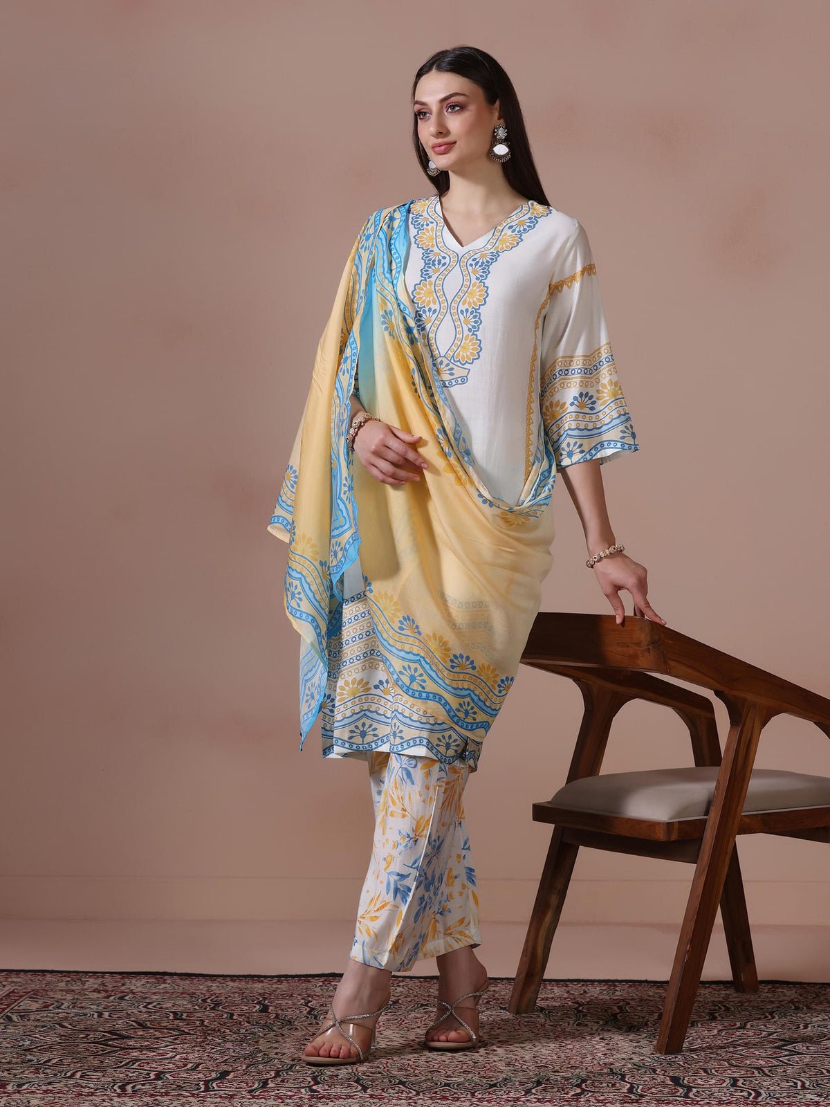 Chanderi Off White Printed Kurta Comfort Pant Dupatta
