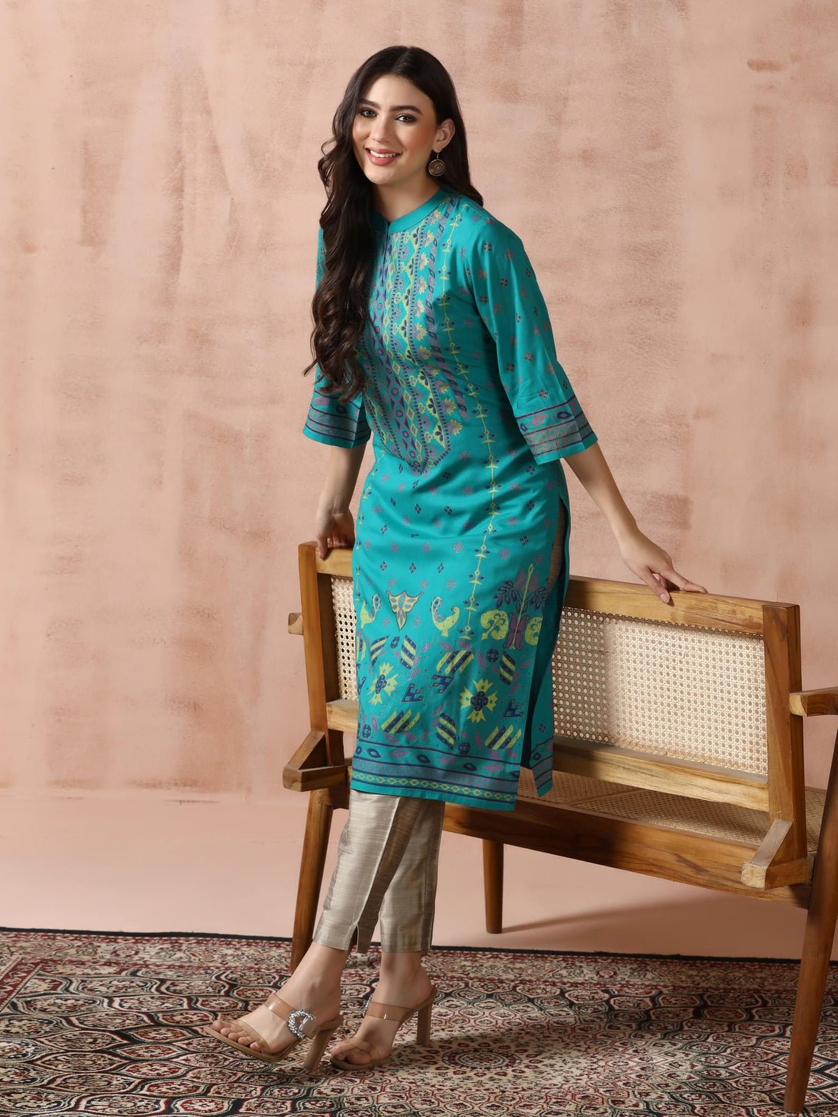 Liva Blue Placement Print Kurta