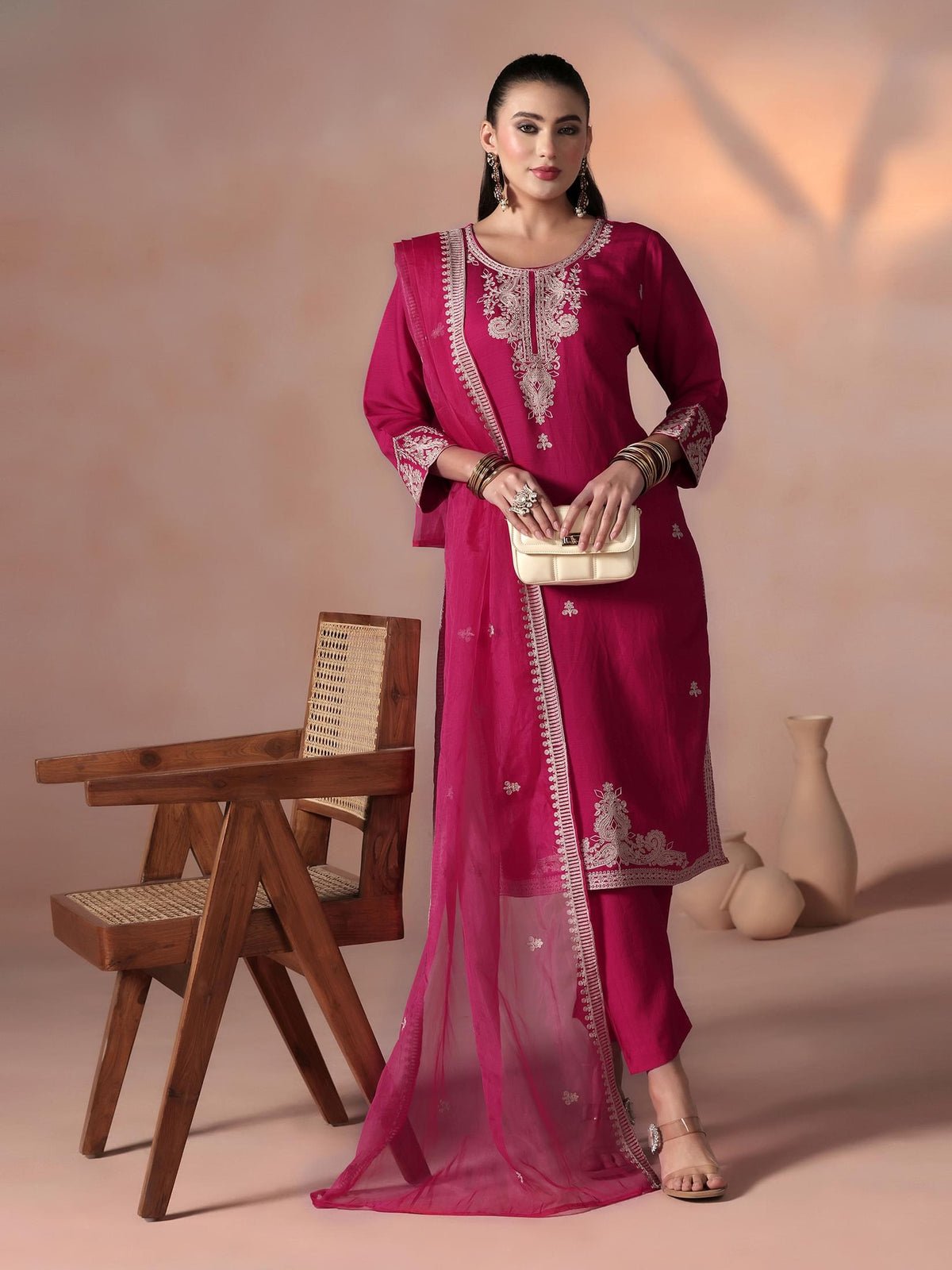 Poly Viscose Pink Embroidered Kurta Comfort Pant Dupatta (Style SWF-1577)