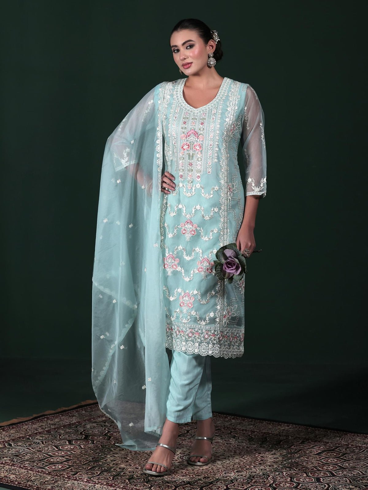 Organza Aqua Blue Embroidered Kurta Comfort Pant Dupatta