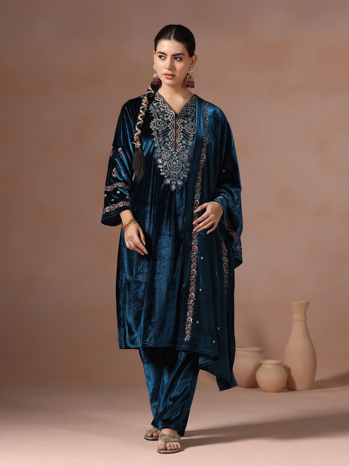 Velvet Blue Embroidered Kurta Comfort Pant With Dupatta