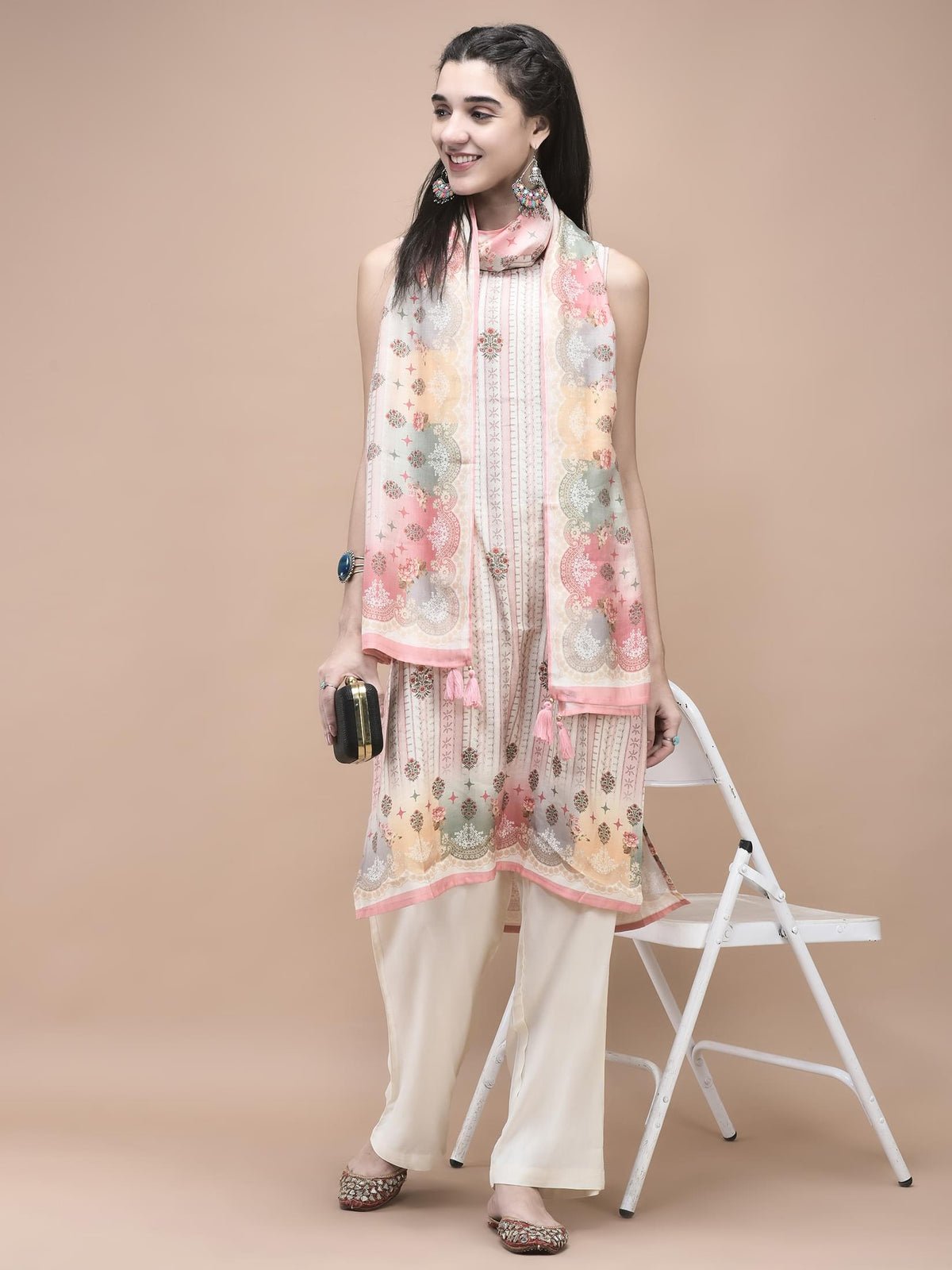 Silk Blend Multicolor Mughal Print Kurta Comfort Pant Dupatta