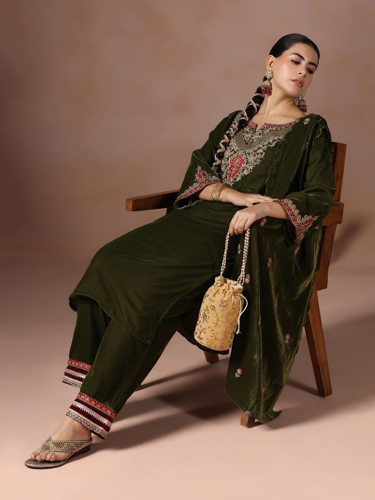 Velvet Green Embroidered Kurta Comfort Pant Dupatta