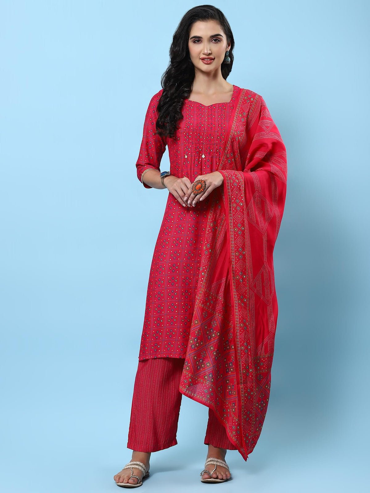 Fuchsia Geometric Printed Kurta Comfort Pant Dupatta