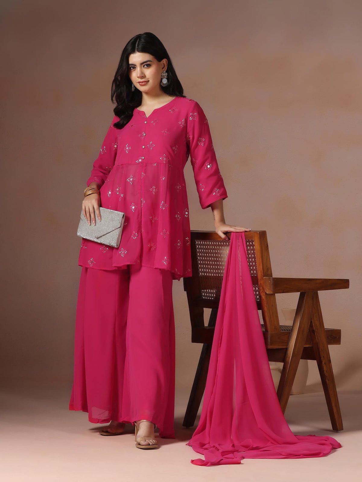 Georgette Pink Solid Kurta Sharara Dupatta
