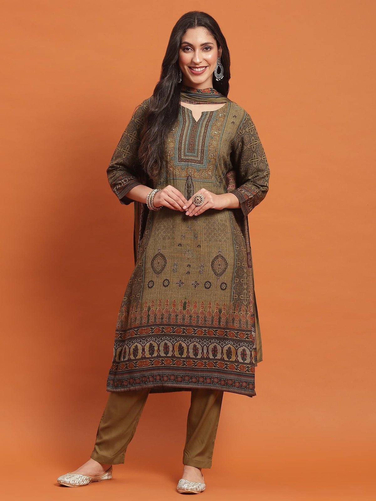 Green Ornamental Print Kurta Trouser Dupatta