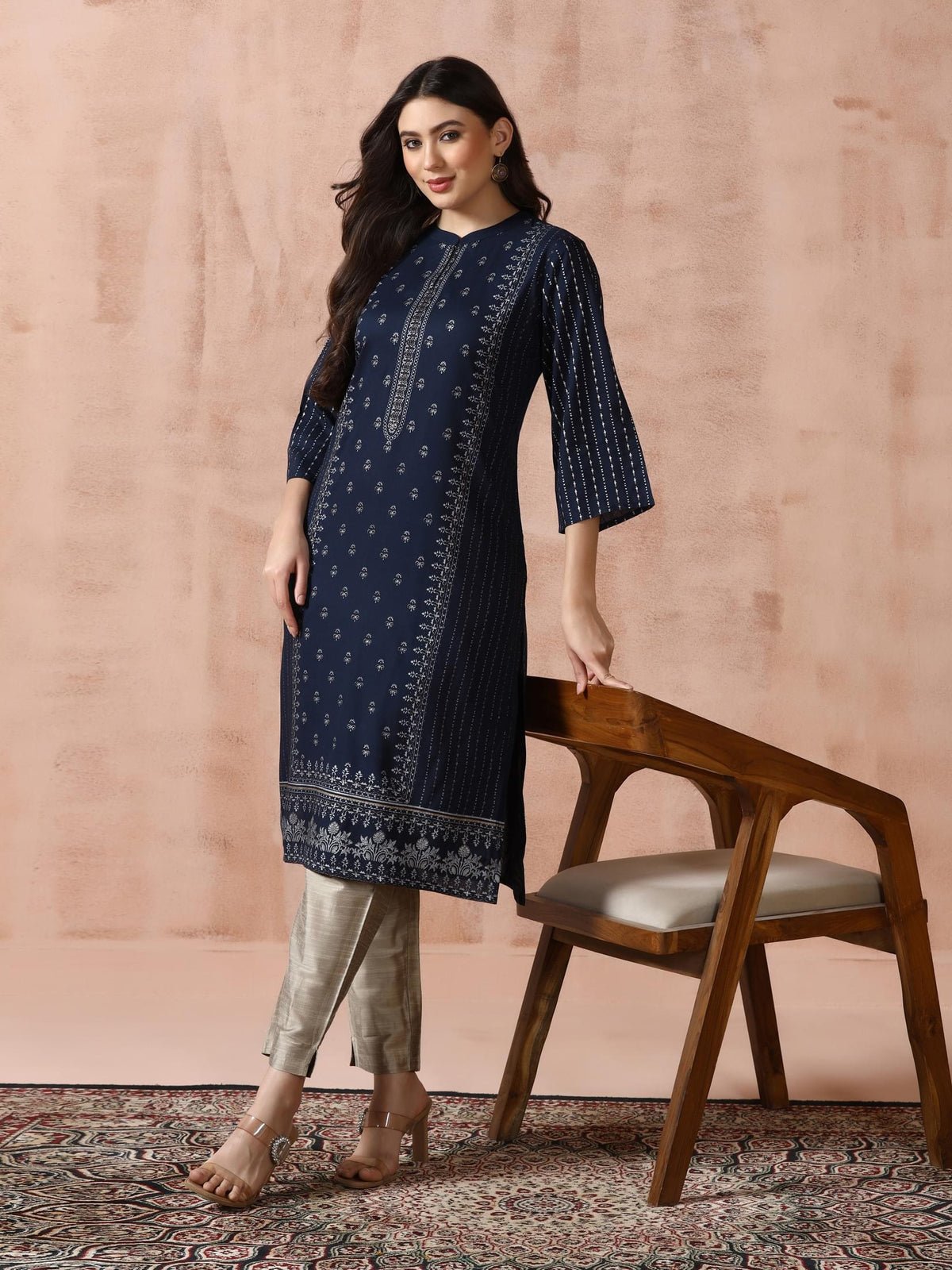 Liva Navy Blue Placement Print Kurta