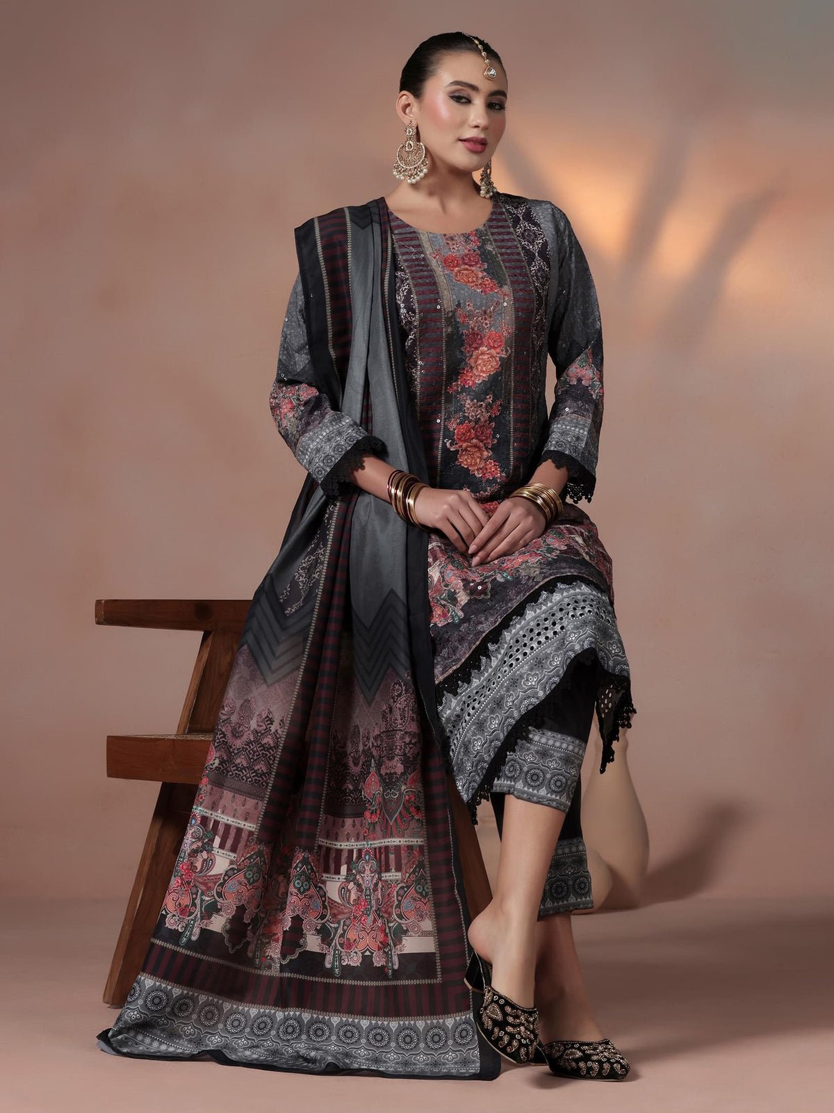 Cotton Black Embroidered Kurta Comfort Pant With Dupatta