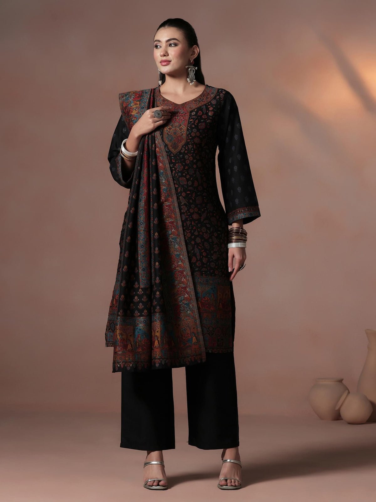 Acrylic Jacquard Black Kurta Comfort Pant Dupatta