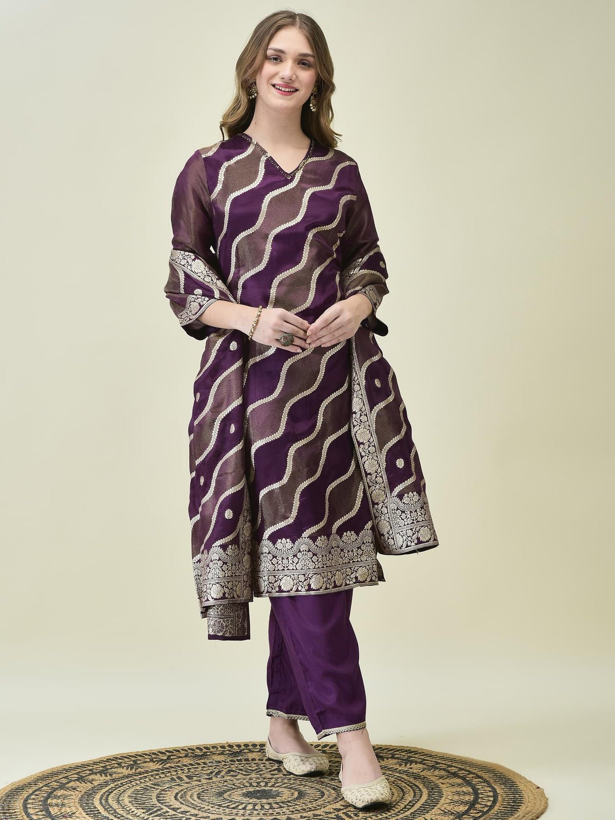 Dola Jacquard Purple Woven Kurta Comfort Pant Dupatta