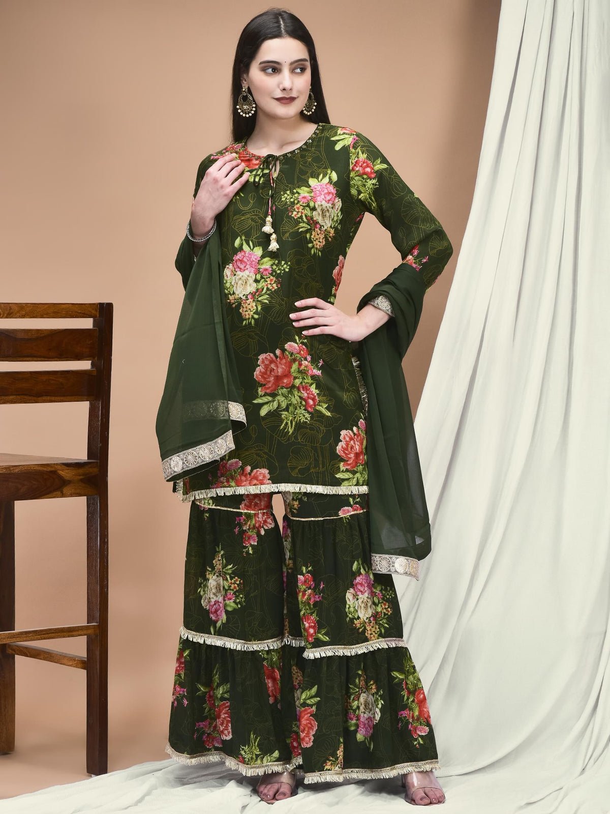 Chinon Olive Floral Print Kurta Sharara Dupatta