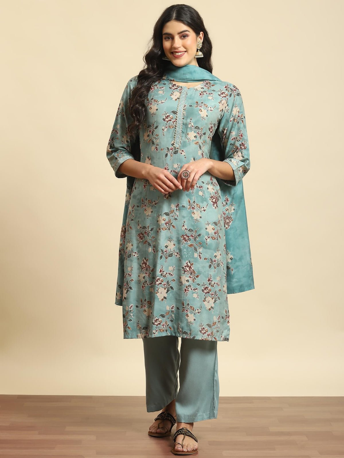 Green Floral Print Kurta Comfort Pant Dupatta