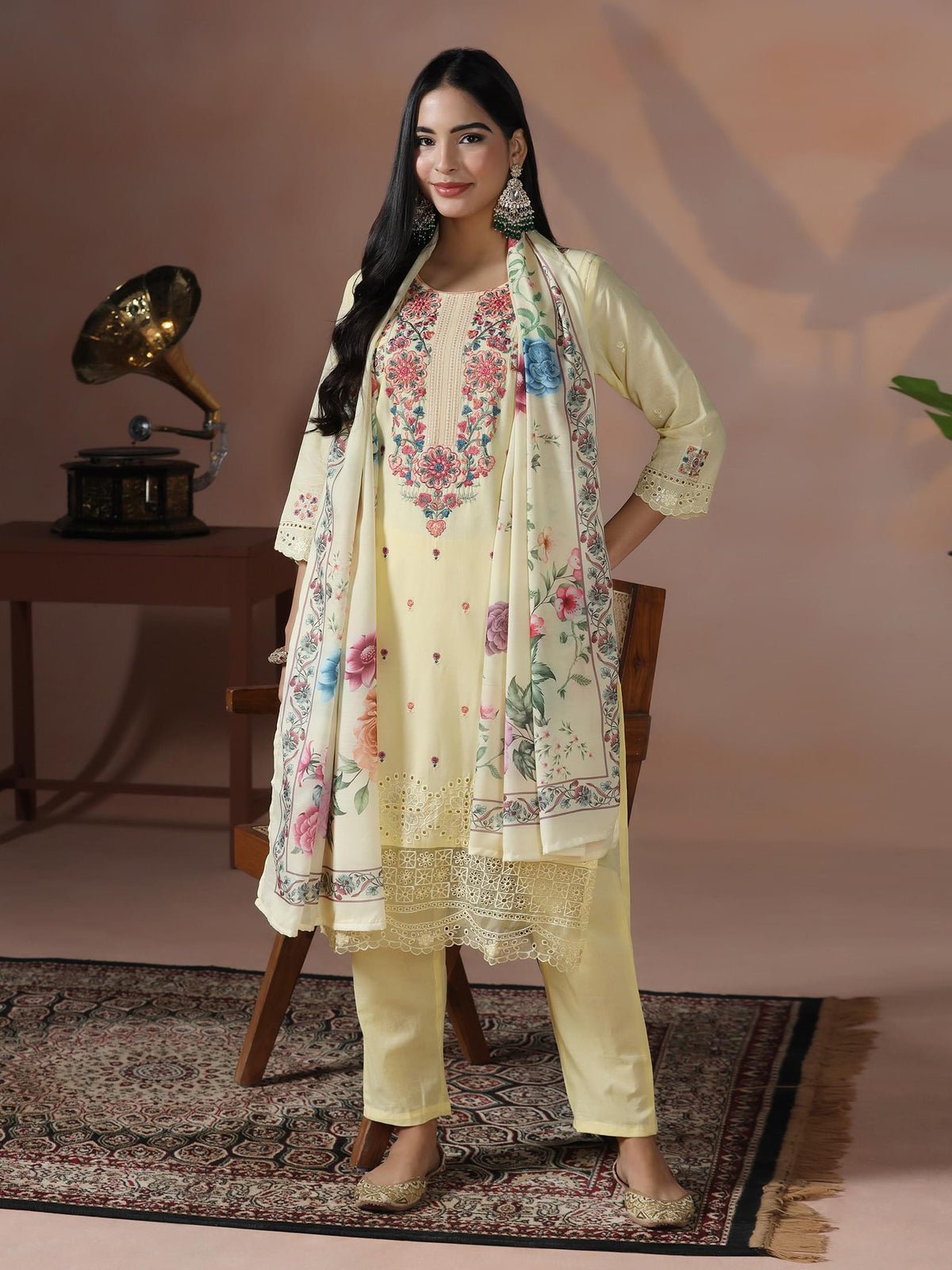 Cotton Yellow Embroidered Kurta Comfort Pant Dupatta