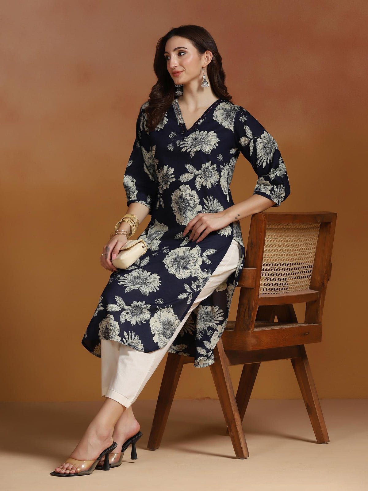 Cotton Navy Blue Printed Kurta