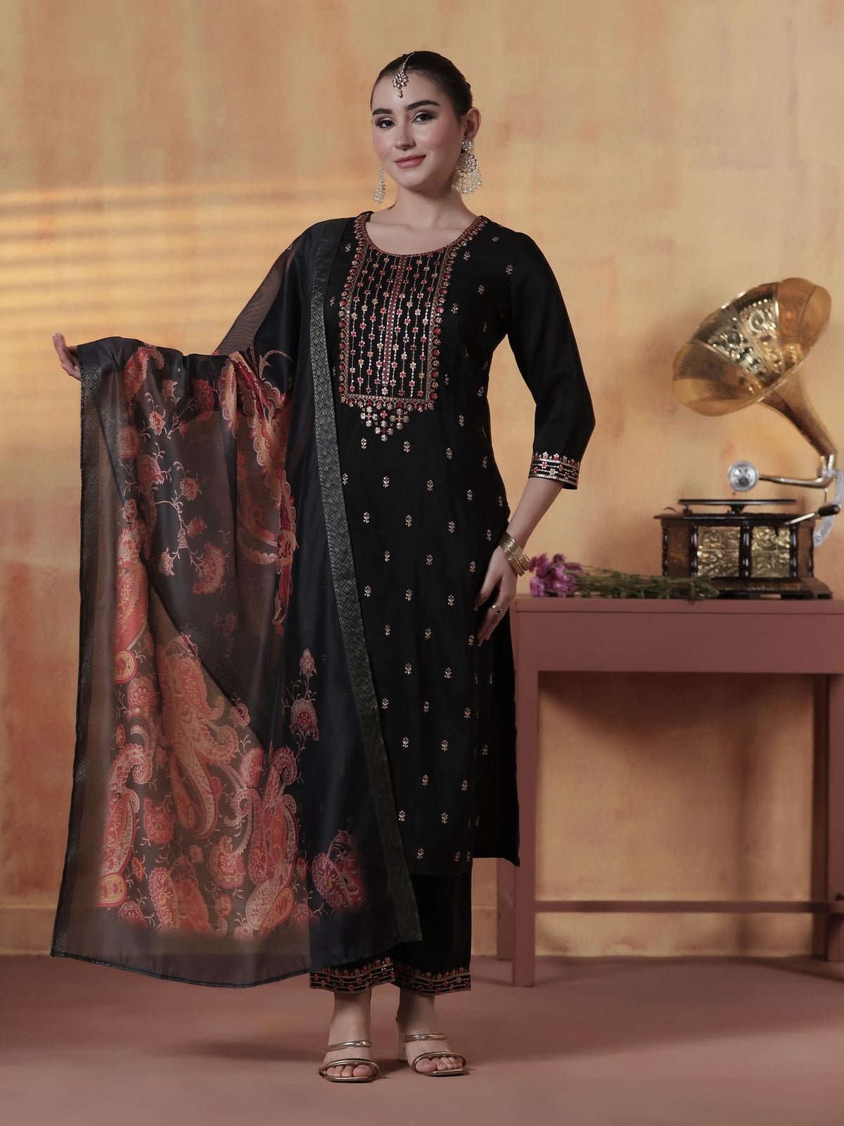 Chinon Black Embroidered Kurta Comfort Pant Dupatta