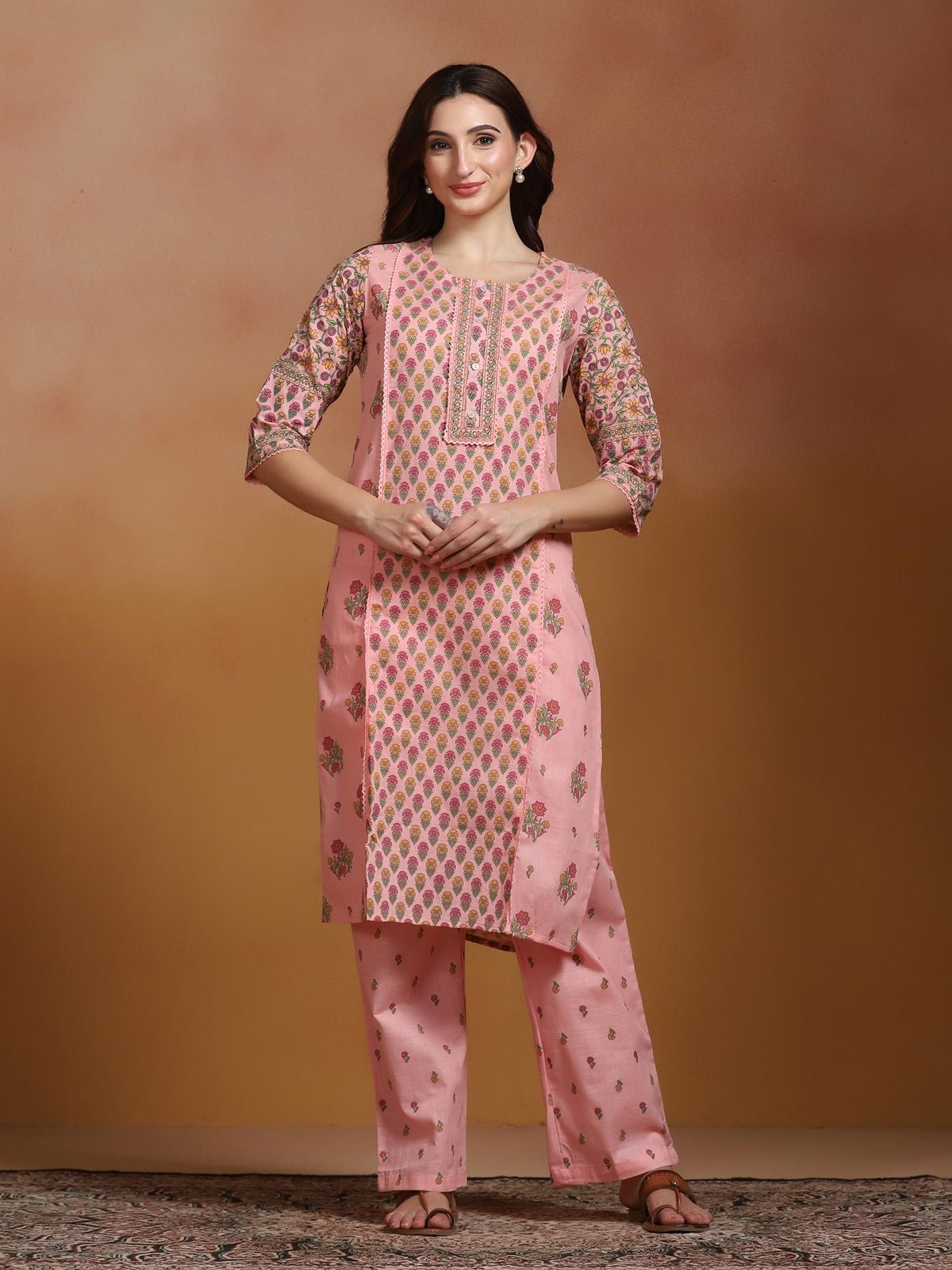 Cotton Slub Pink Printed Kurta With Comfort Pant