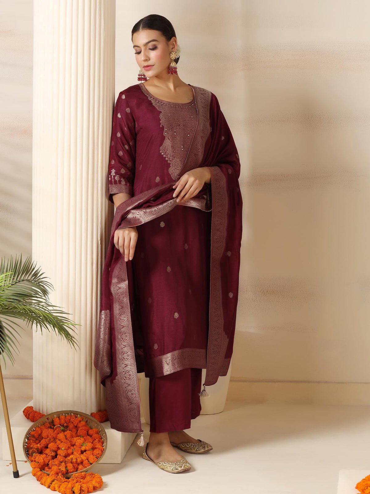 Dola Silk Jacquard Burgundy Woven Kurta Comfort Pant Dupatta
