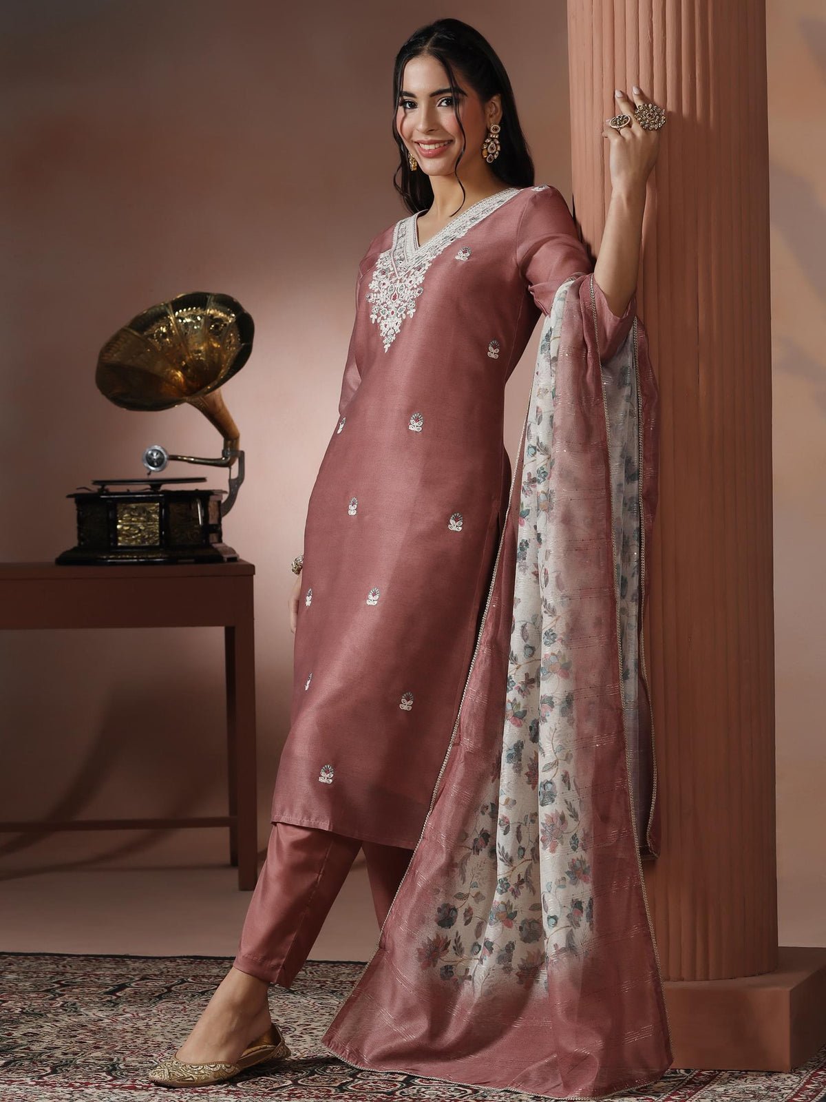 Silk Blend Peach Embroidered Kurta Comfort Pant With Dupatta