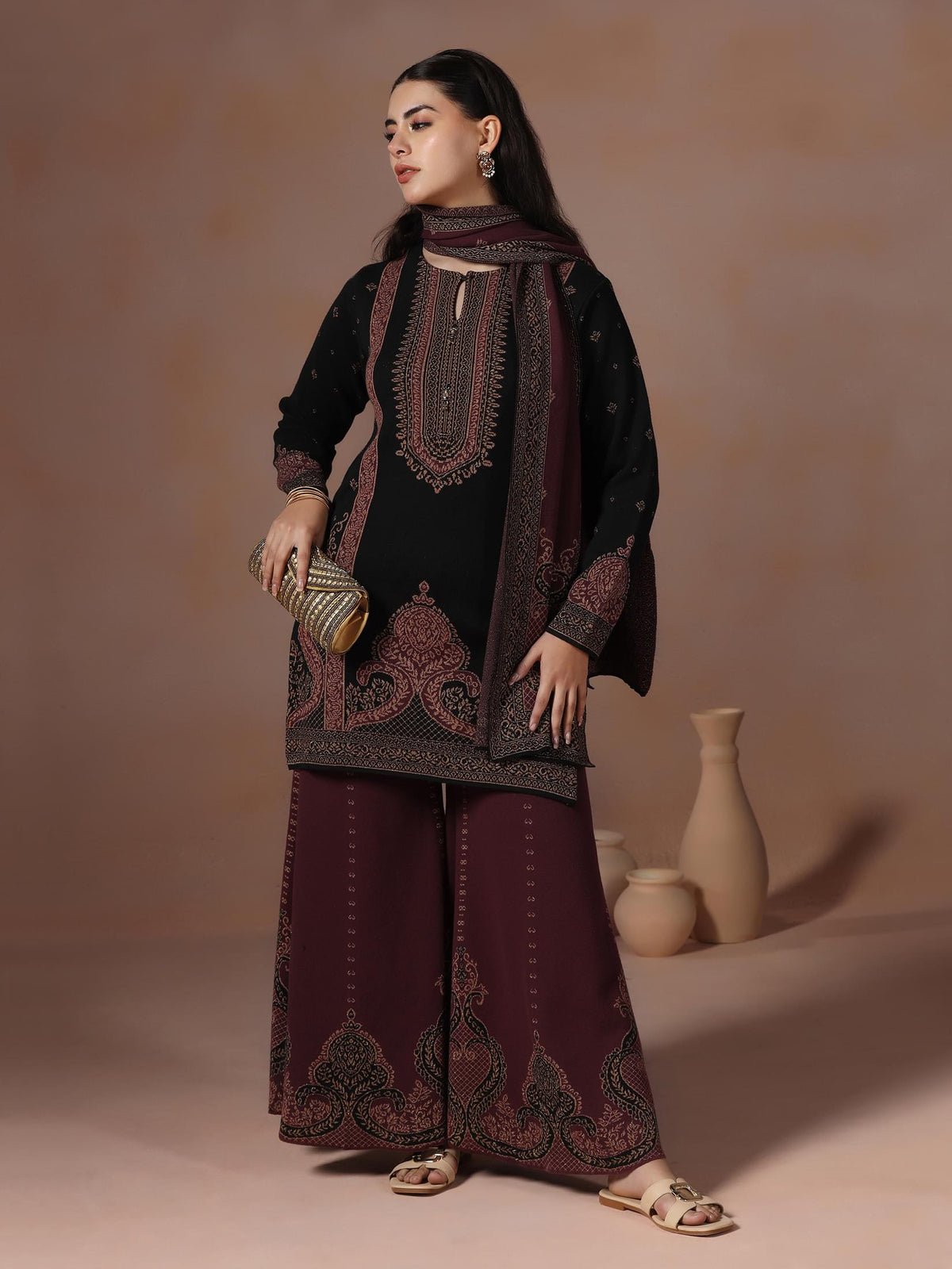 Wool Blend Black & Maroon Jacquard Kurta Bell Bottom Dupatta