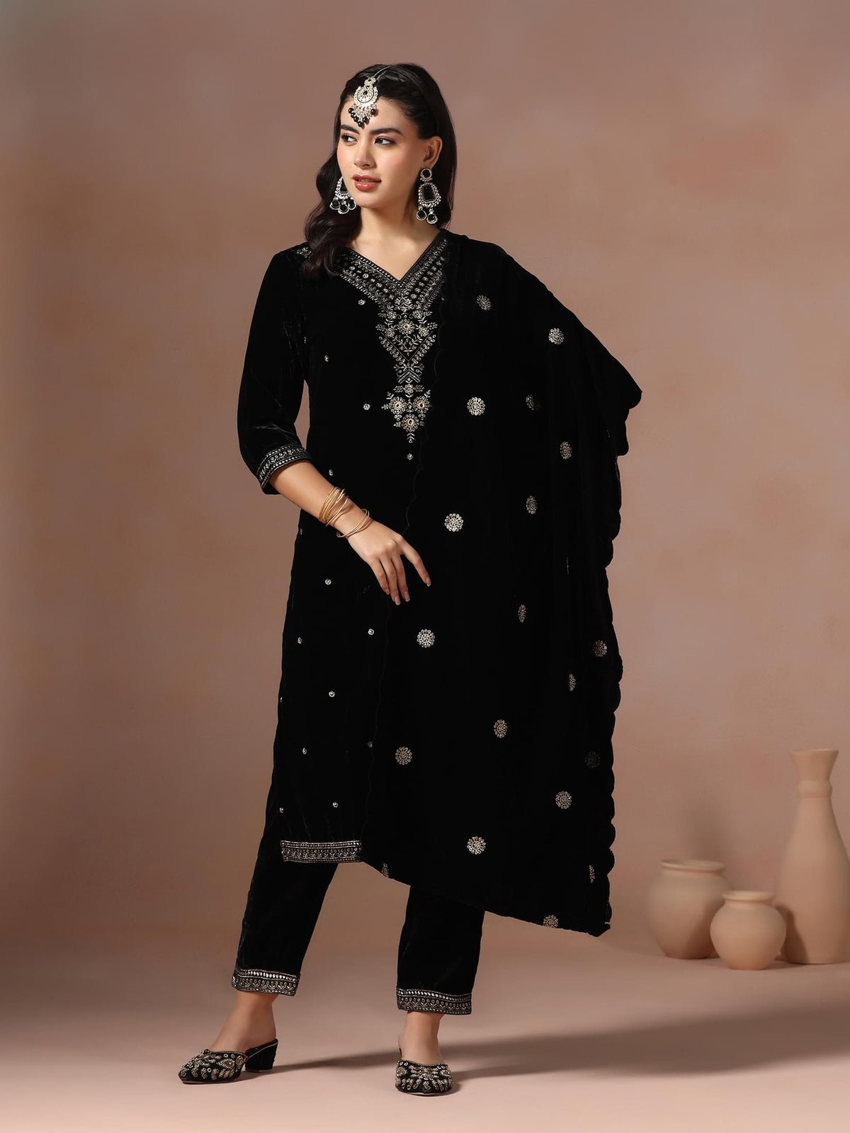 Velvet Black Embroidered Kurta Comfort Pant Dupatta