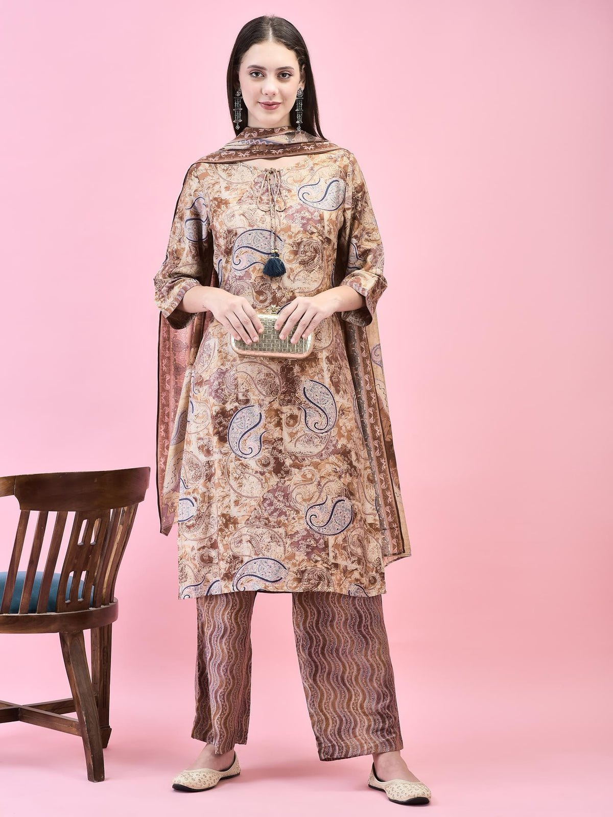 Viscose Brown Paisley Print Kurta Comfort Pant Dupatta