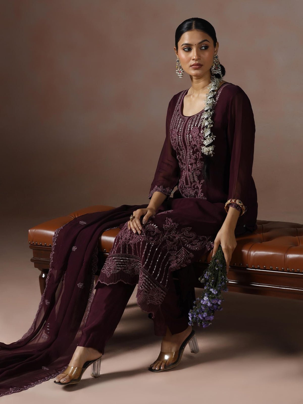 Organza Wine Embroidered Kurta Comfort Pant Dupatta