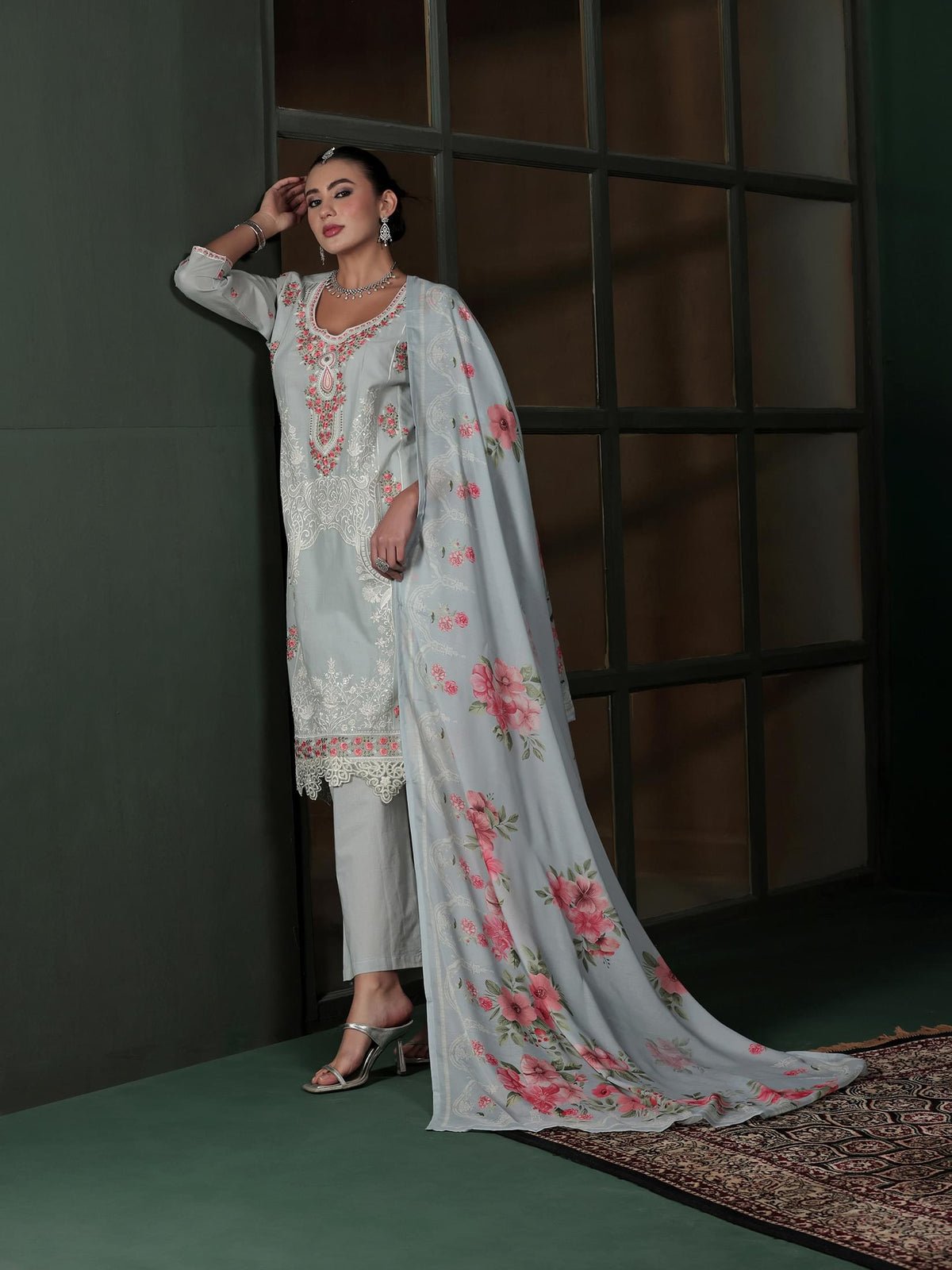 Cotton Grey Embroidered Kurta Comfort Pant Dupatta